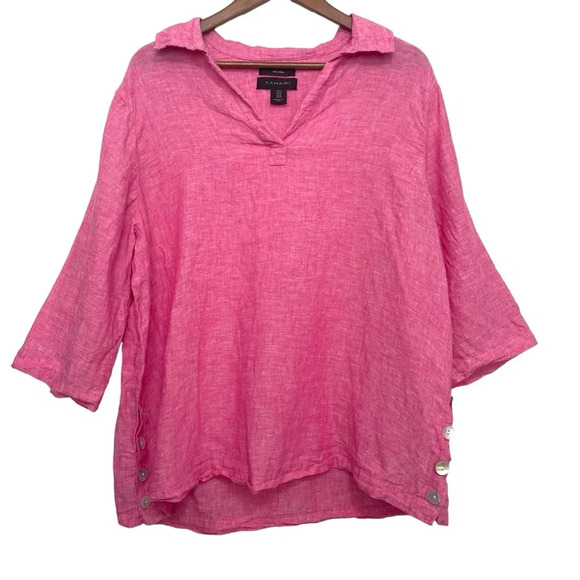 Tahari Linen Popover Side Buttons 3/4 Sleeve Top Size 1X - Picture 1 of 5